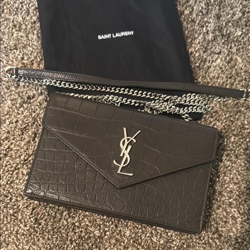 YSL Saint Laurent dark grey gray Croc wallet on chain woc crossbody bag